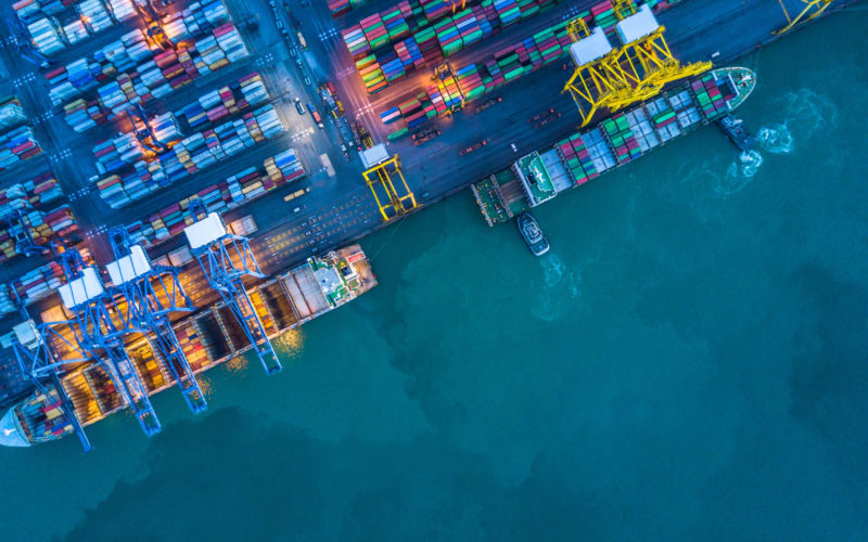 Aerial view of container cargo ship, Container Cargo ship in import export logistic, Logistics and transportation of International Container Cargo ship.